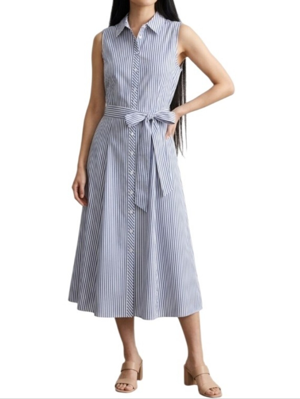 TOMMY HILFIGER Sleeveless Blue and White Striped Shirt Dress with Tie Waist NWT